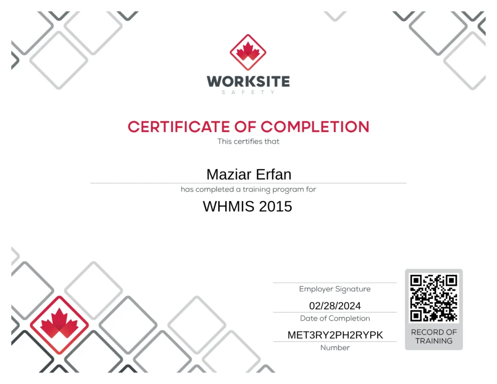 WHMIS 2015 wall english certificate