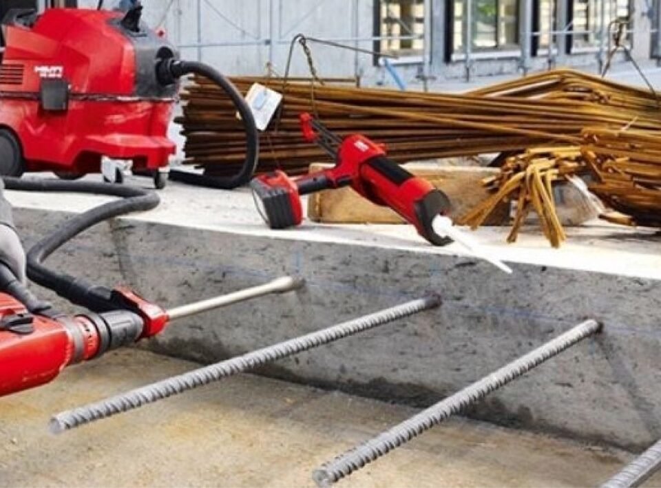 Steel rebar mat laid out for a concrete slab tie-in on a Vancouver job site